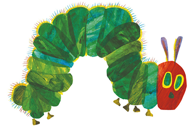The Very Hungry Caterpillar'. It is an illustration of a brightly coloured caterpillar against a white background